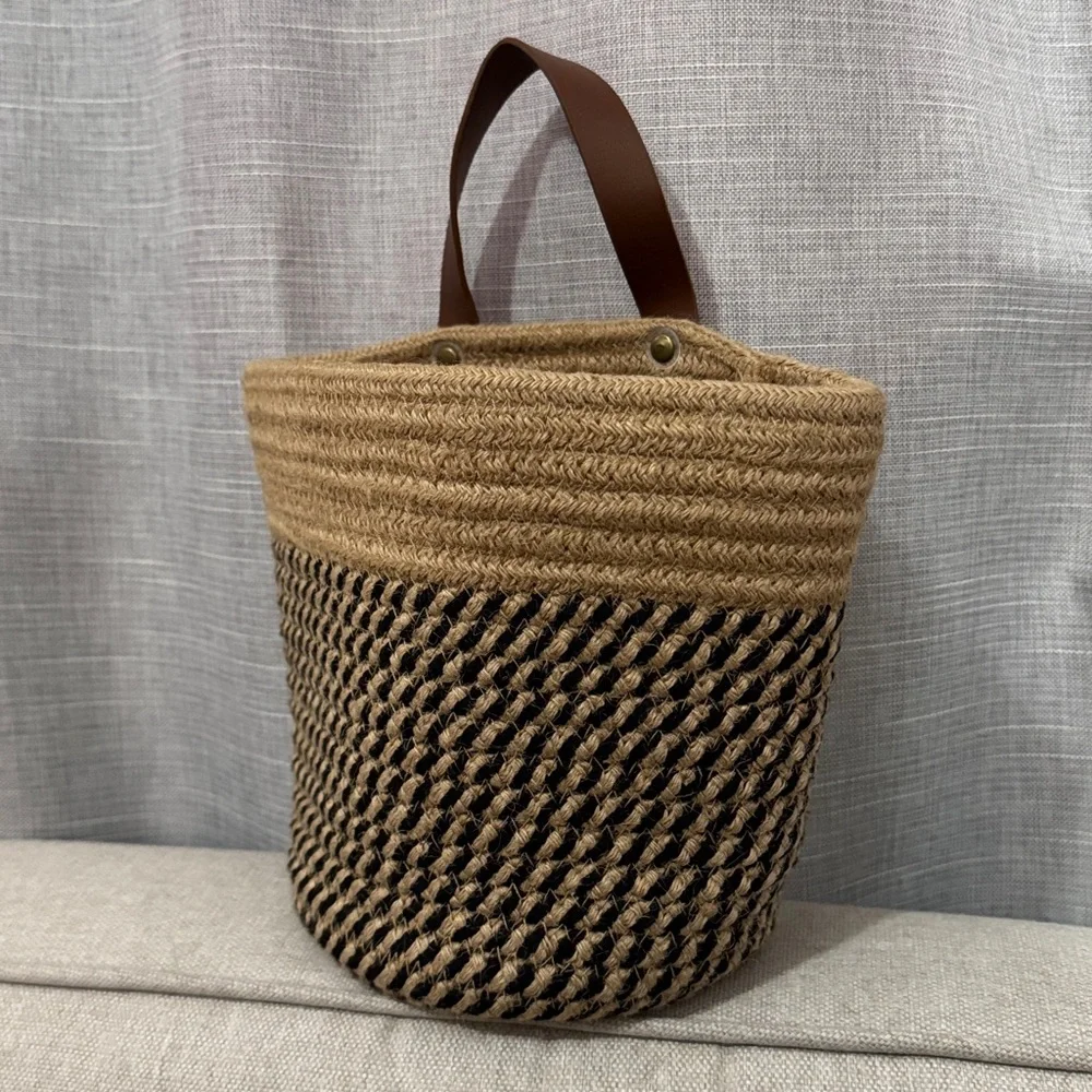 Woven Natural Fiber Coil Style Basket-Brown Faux Leather Hanging Loop-EUC